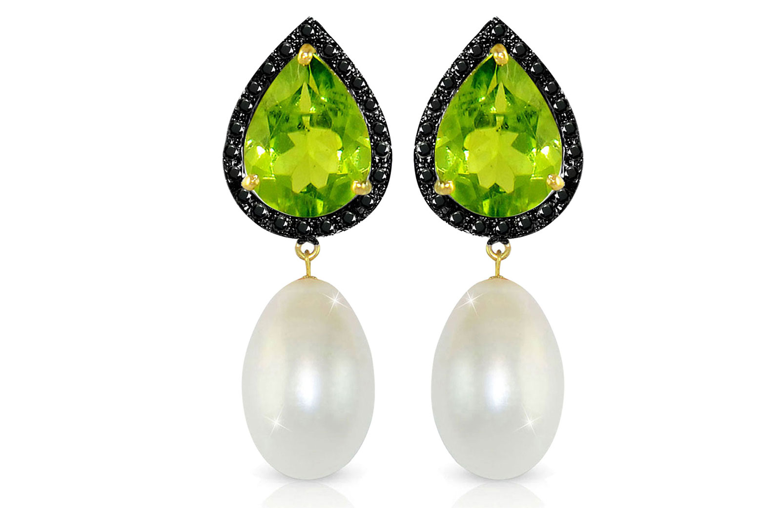 Vera Perla 18K Gold 0.24ct Black Diamonds, Peridot and 13mm White Pearl Earrings